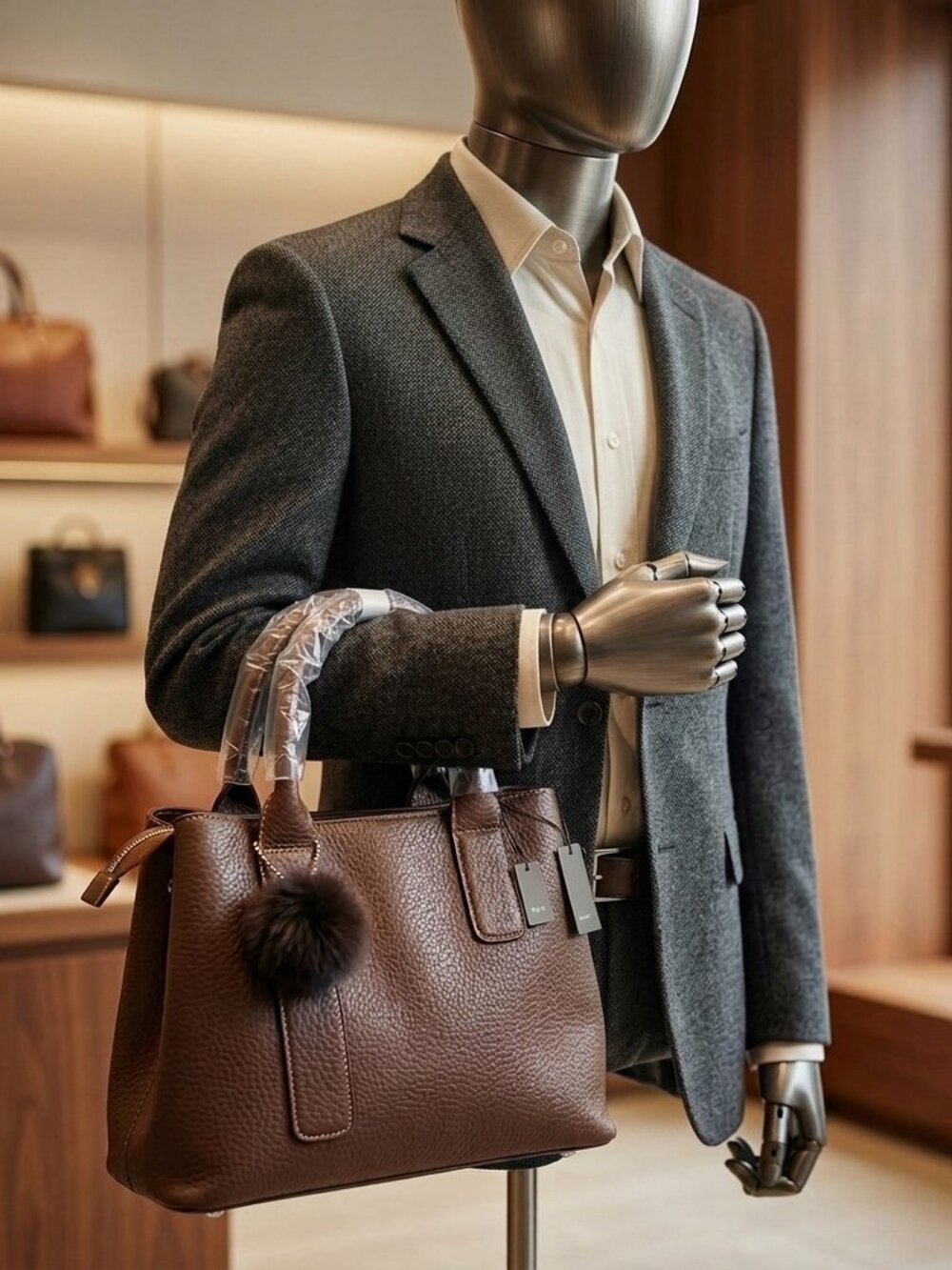 Brown Structured Faux Leather Handbag Textured Tote Bag Pom Pom Charm